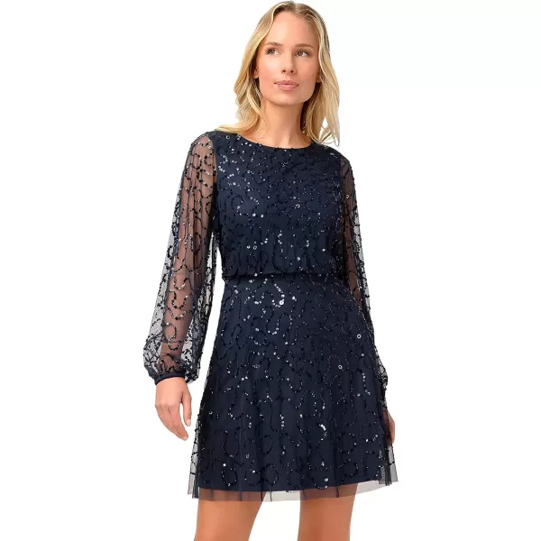 Adrianna Papell Womens Beaded Short Dress with SleeveNavy