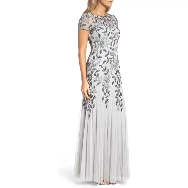 Adrianna Papell Womens Floral Beaded Godet Long DressSilver