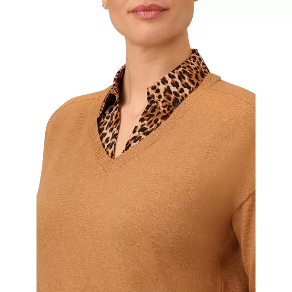 Adrianna Papell Womens Printed Woven Collar Twofer Camel WBasic CheetahAdrianna Papell Womens Printed Woven Collar Twofer Camel WBasic Cheetah