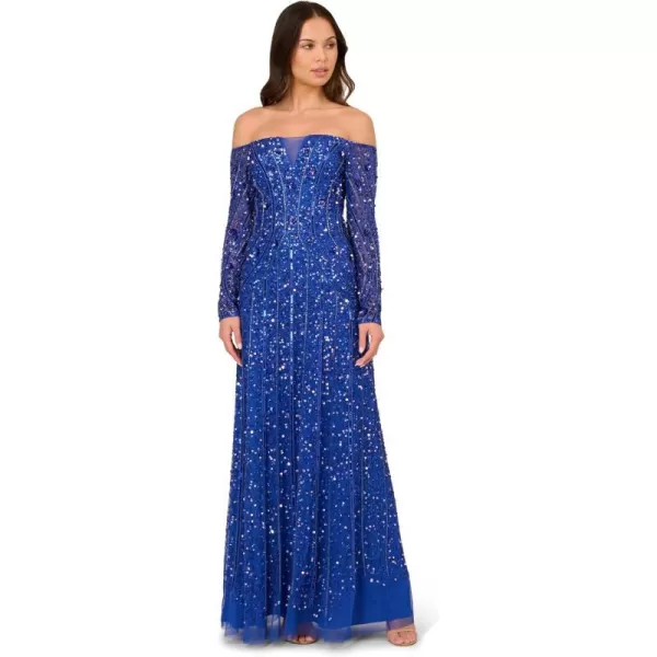 Adrianna Papell Womens Beaded Off Shoulder GownBrilliant Sapphire