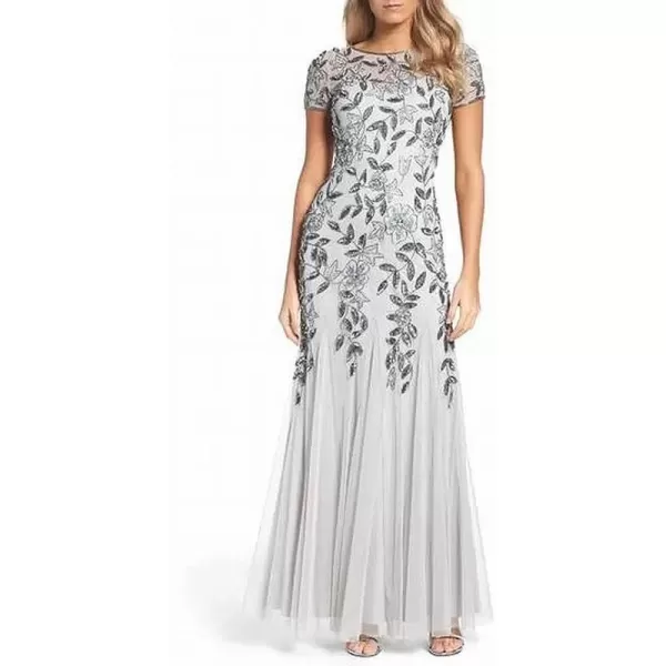 Adrianna Papell Womens Floral Beaded Godet Long DressSilver