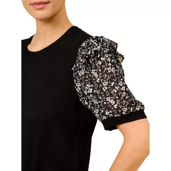 Adrianna Papell Womens Short Sleeve Printed Ruffle Shoulder Crew Neck SweaterBlack W Black Flourish Floral