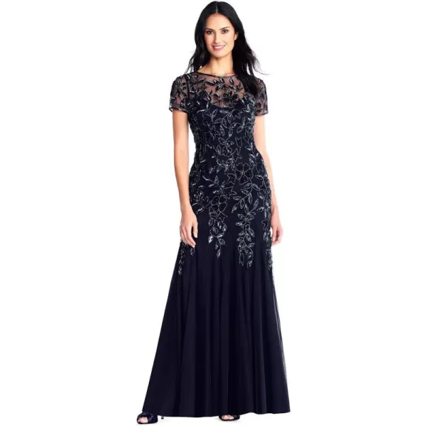 Adrianna Papell Womens Beaded Gown with GodetsTwilight