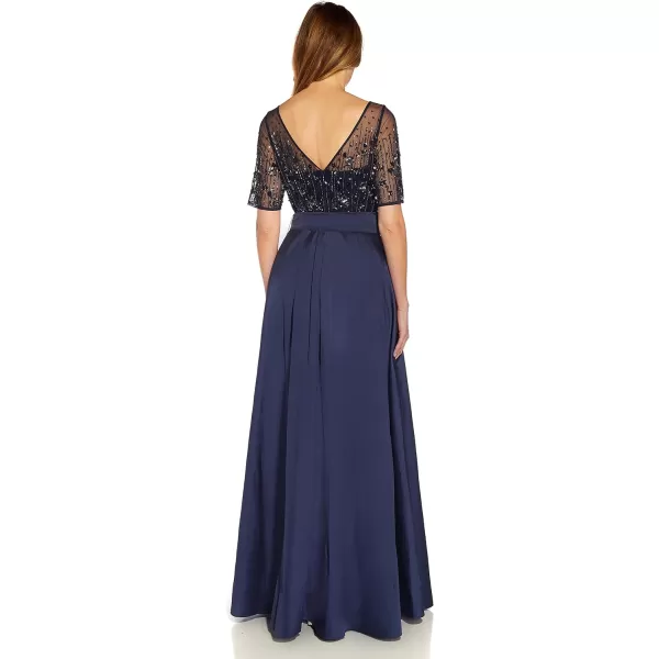 Adrianna Papell Womens Beaded Mesh and Taffeta GownNavy