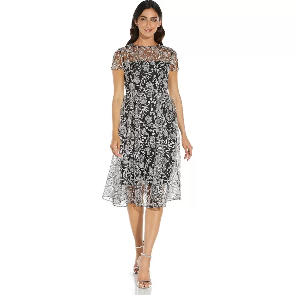 Adrianna Papell Womens Embroidered Midi Fit and FlareBlack Multi