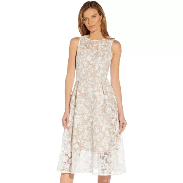 Adrianna Papell Womens Embroidered Tea Length DressIvoryBisque