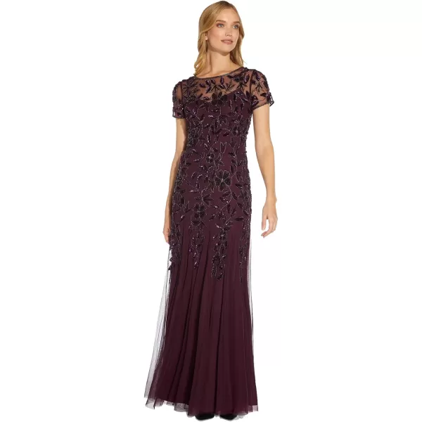 Adrianna Papell Womens Floral Beaded Godet GownNight Plum