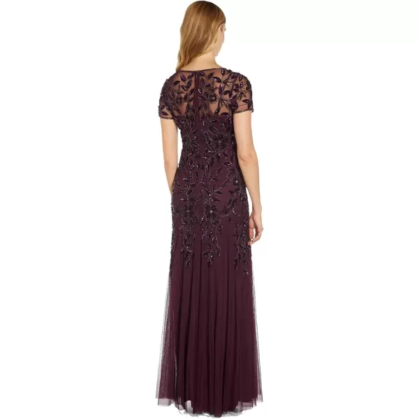 Adrianna Papell Womens Floral Beaded Godet GownNight Plum