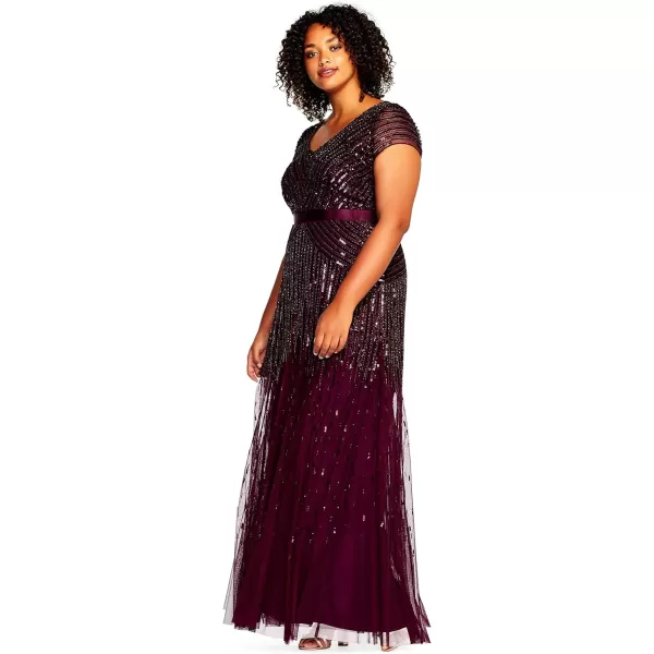 Adrianna Papell Womens Plus Size Floor Length Beaded Cap Sleeve VNeck DressCassis