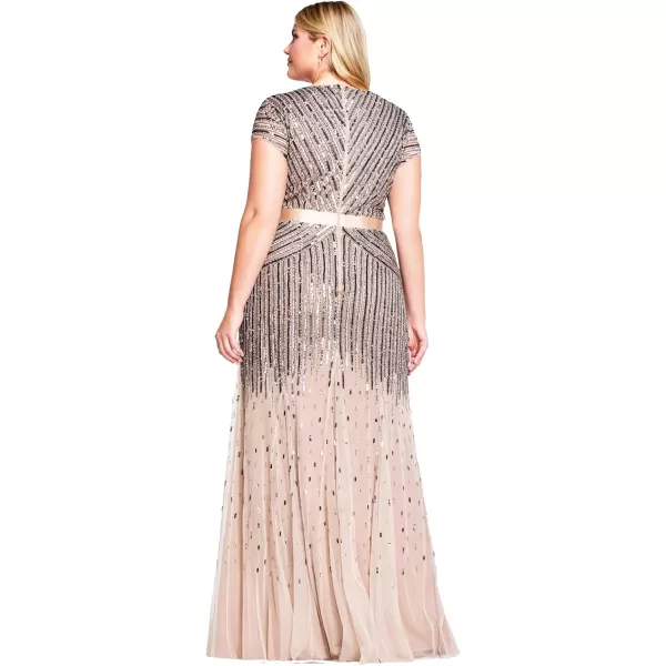 Adrianna Papell Womens Plus Size Floor Length Beaded Cap Sleeve VNeck DressNude