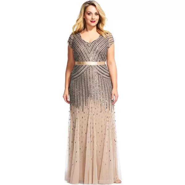 Adrianna Papell Womens Plus Size Floor Length Beaded Cap Sleeve VNeck DressNude