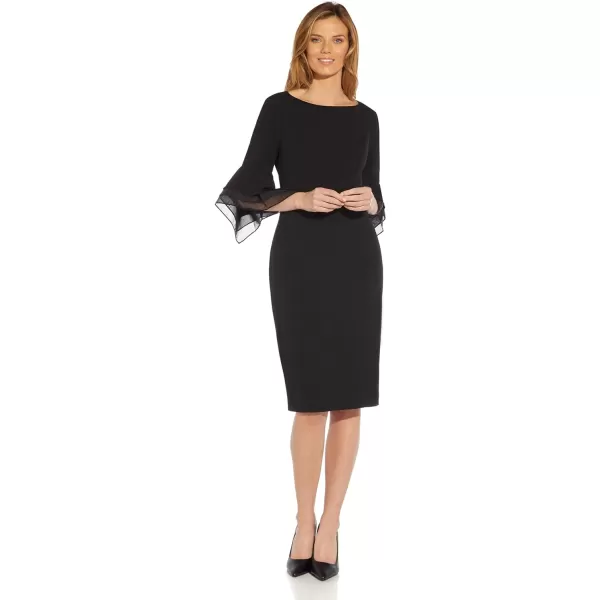 Adrianna Papell Womens Stretch Knit Crepe Sheath Dress with Tiered Organza Bell SleeveBlack