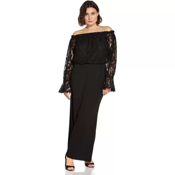 Adrianna Papell womens Off Shoulder Lace TopCrepe Pant JumpsuitBlack