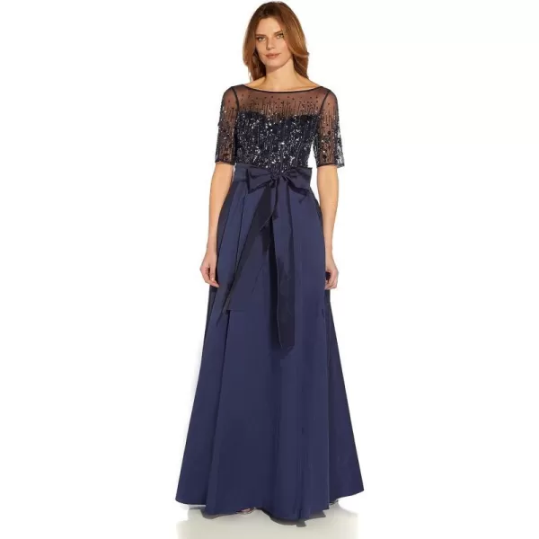 Adrianna Papell Womens Beaded Mesh and Taffeta GownNavy