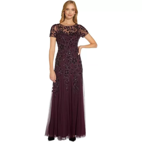 Adrianna Papell Womens Floral Beaded Godet GownNight Plum