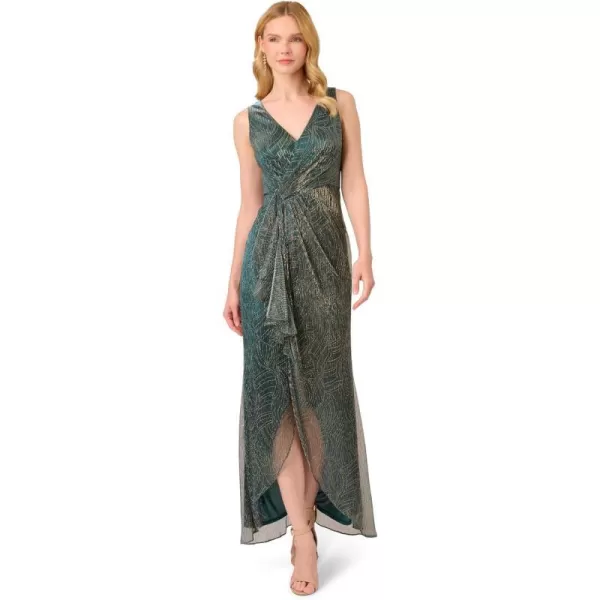 Adrianna Papell Womens Metallic Mesh Cascade GownEvergreen