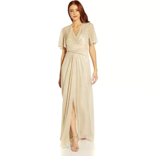 Adrianna Papell Womens Metallic Mesh Draped GownAlabaster