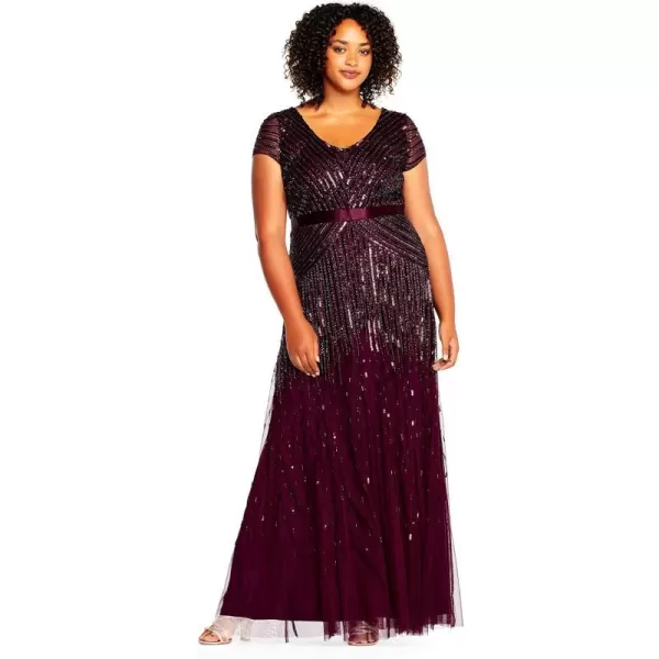 Adrianna Papell Womens Plus Size Floor Length Beaded Cap Sleeve VNeck DressCassis