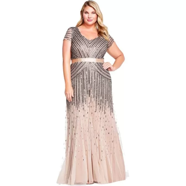 Adrianna Papell Womens Plus Size Floor Length Beaded Cap Sleeve VNeck DressNude