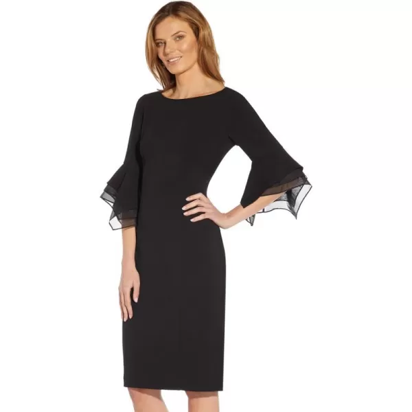 Adrianna Papell Womens Stretch Knit Crepe Sheath Dress with Tiered Organza Bell SleeveBlack