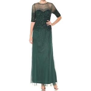imageAdrianna Papell Womens 34 Sleeve Beaded Illusion Gown with Sweetheart NecklineDusty Emerald