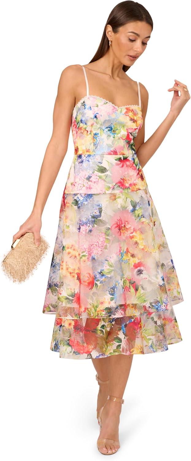 imageAdrianna Papell Womens Printed Embroidered Midi DressIvory Multi