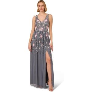 imageAdrianna Papell Womens Beaded Mesh Long DressDusty Blue Multi