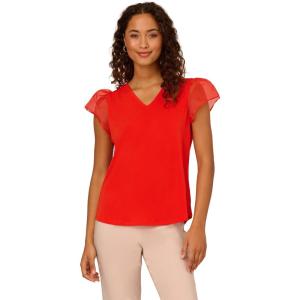 imageAdrianna Papell Womens VNeck Knit Top with Organza Flutter SleevesFiery Red