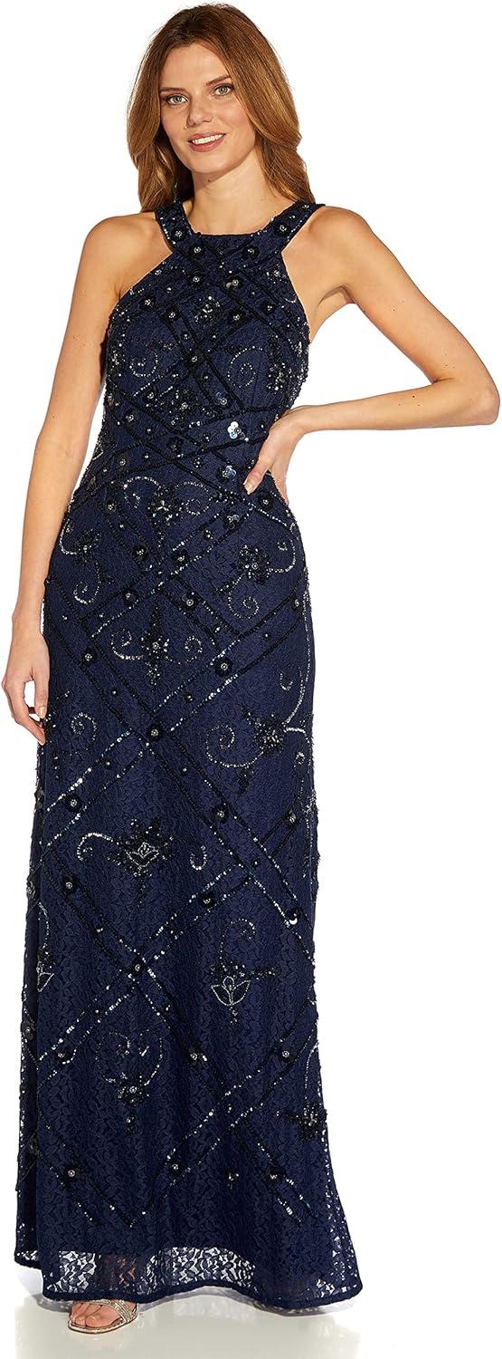 imageAdrianna Papell Womens Beaded Halter GownLight Navy