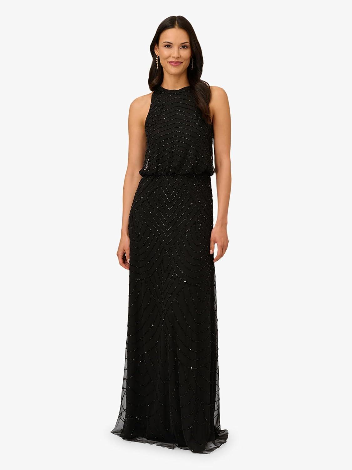 imageAdrianna Papell Womens Halter Blouson Beaded GownBlackBlack