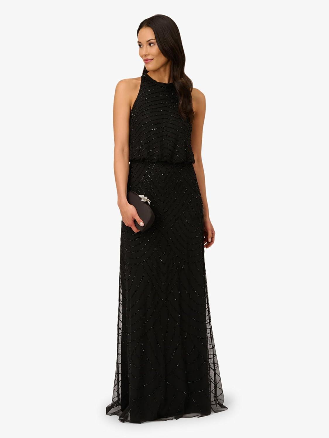 imageAdrianna Papell Womens Halter Blouson Beaded GownBlackBlack
