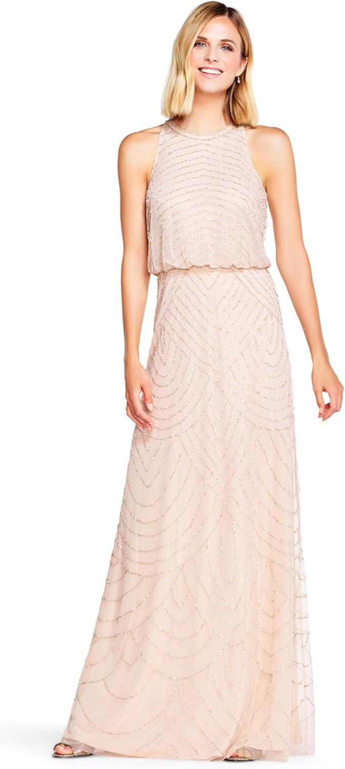 imageAdrianna Papell Womens Halter Blouson Beaded GownBlush