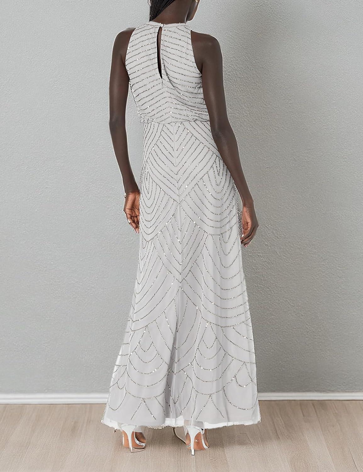 imageAdrianna Papell Womens Halter Blouson Beaded GownBridal Silver