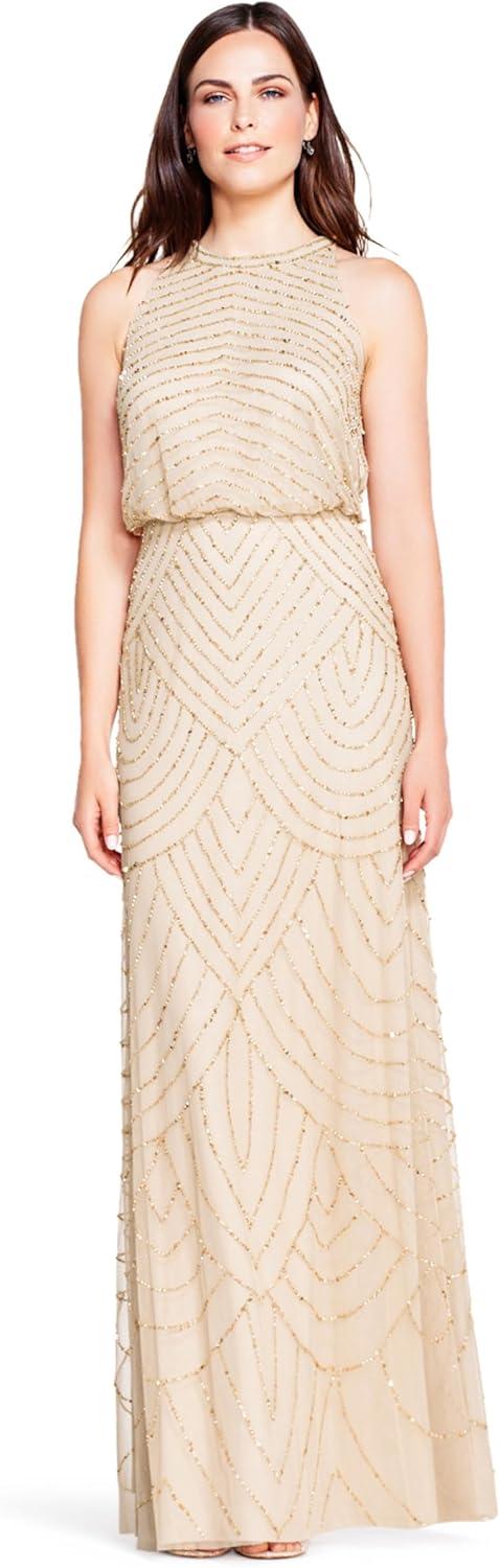 imageAdrianna Papell Womens Halter Blouson Beaded GownChampagne