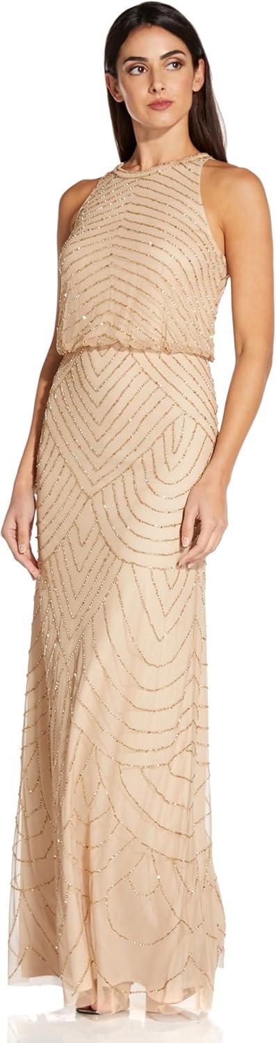 imageAdrianna Papell Womens Halter Blouson Beaded GownChampagne
