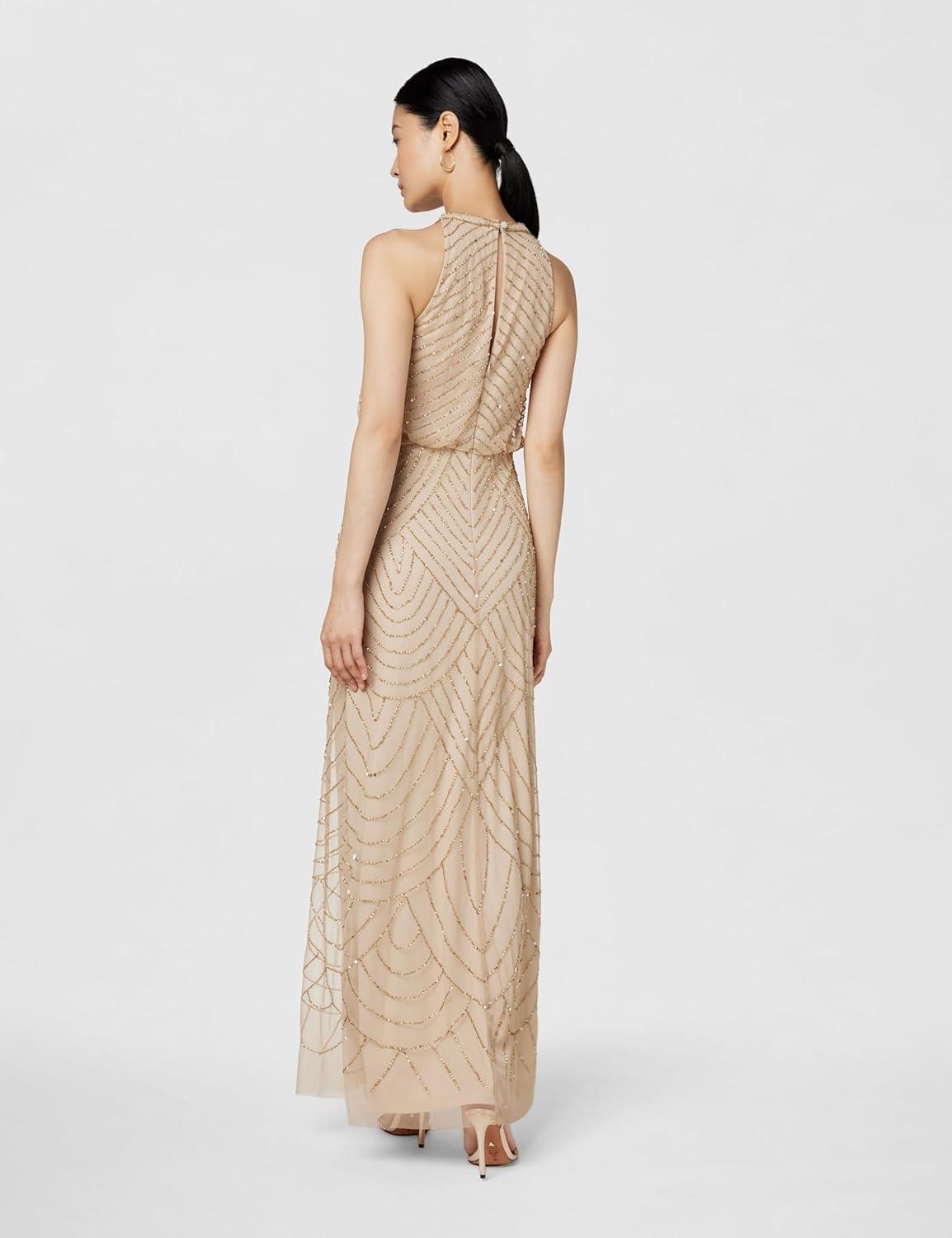 imageAdrianna Papell Womens Halter Blouson Beaded GownChampagneGold