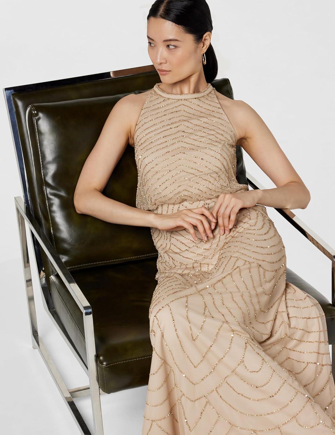 imageAdrianna Papell Womens Halter Blouson Beaded GownChampagneGold