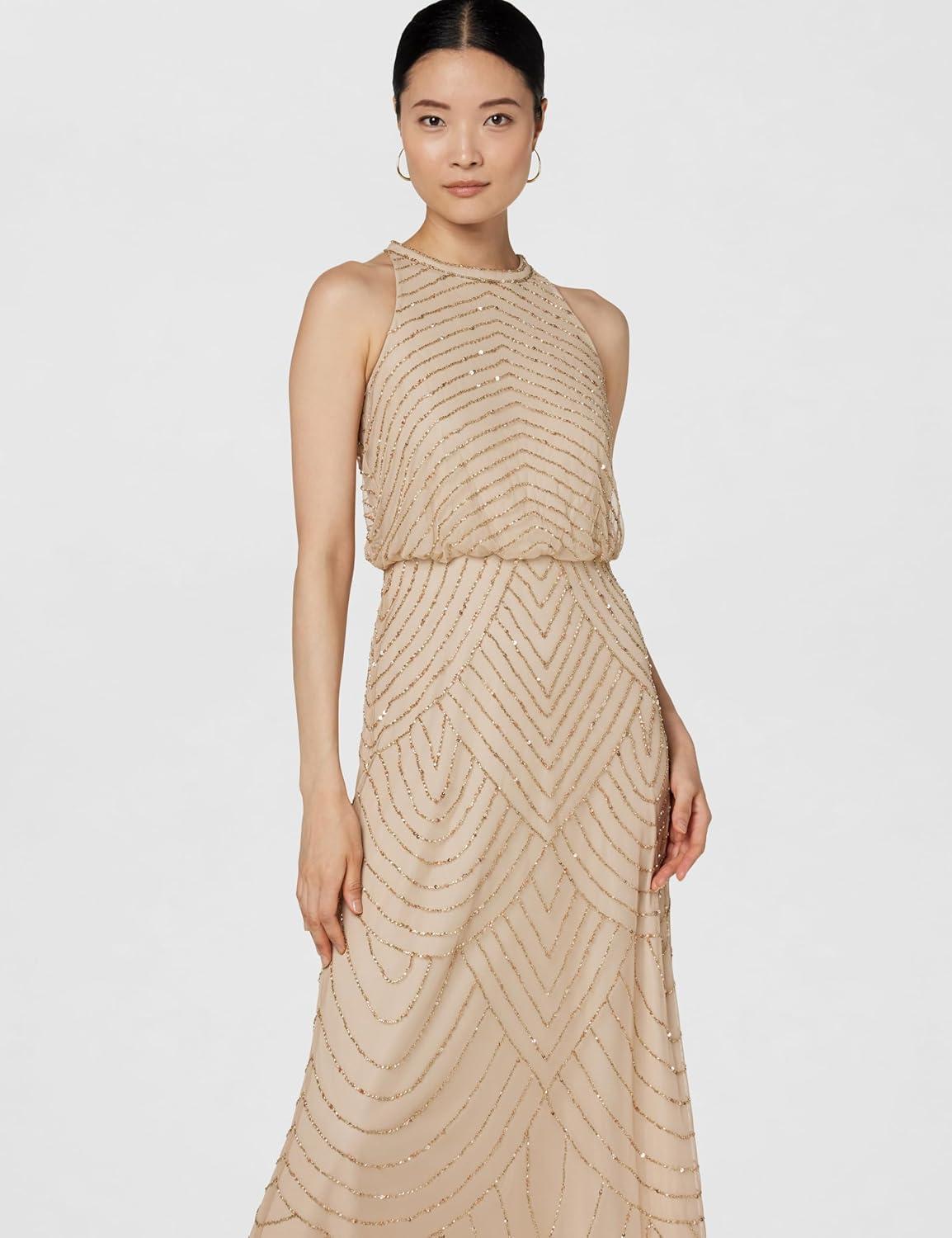 imageAdrianna Papell Womens Halter Blouson Beaded GownChampagneGold