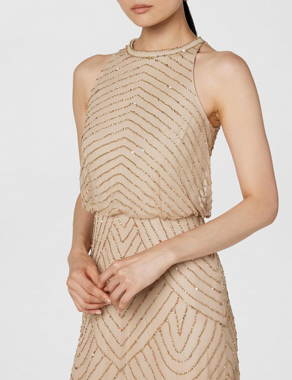 imageAdrianna Papell Womens Halter Blouson Beaded GownChampagneGold