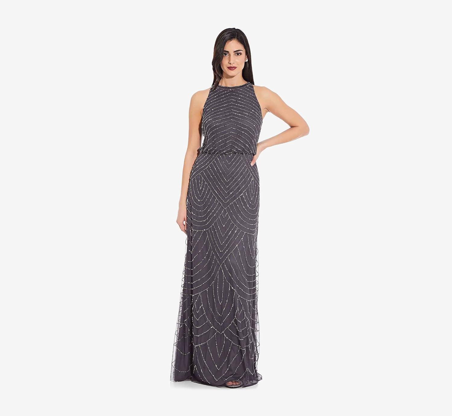 imageAdrianna Papell Womens Halter Blouson Beaded GownGunmetal