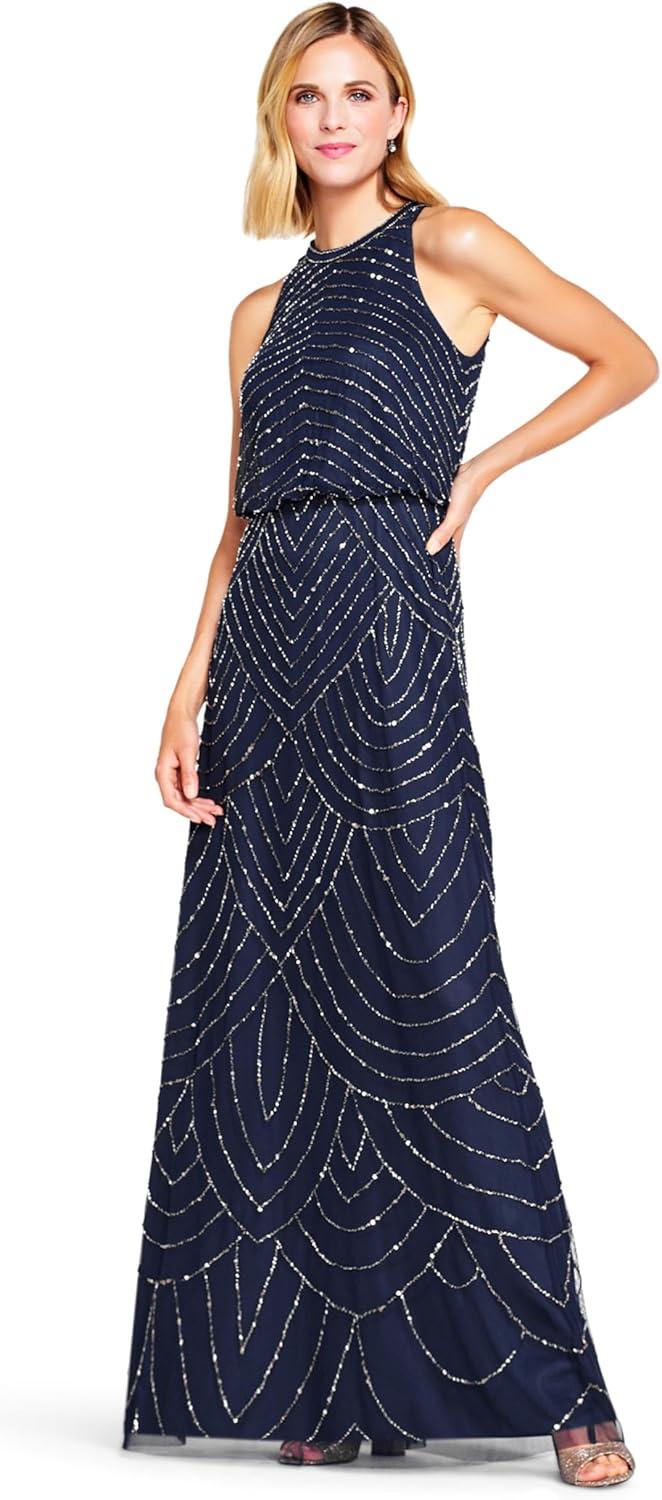imageAdrianna Papell Womens Halter Blouson Beaded GownNavy