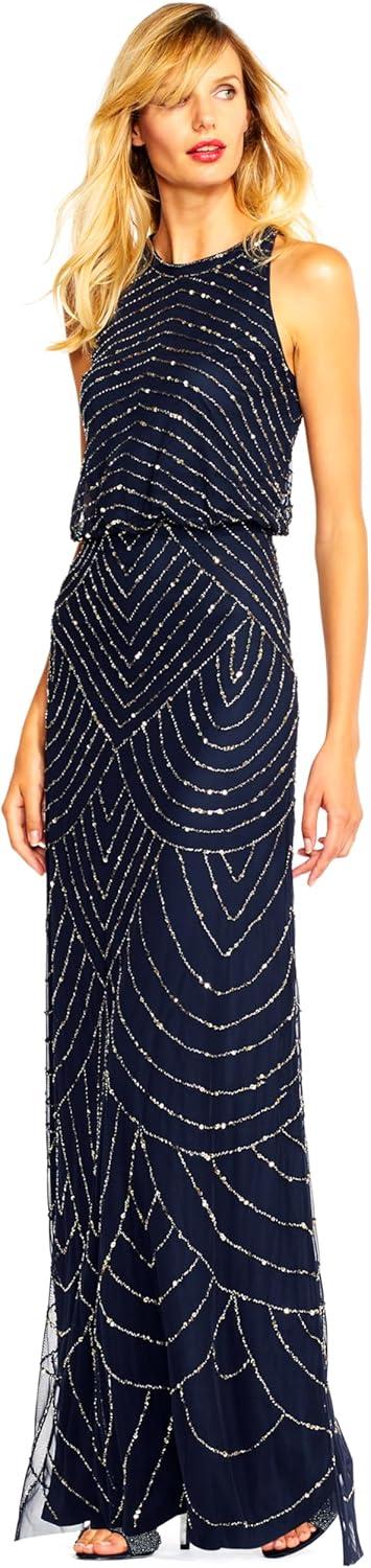 imageAdrianna Papell Womens Halter Blouson Beaded GownNavy