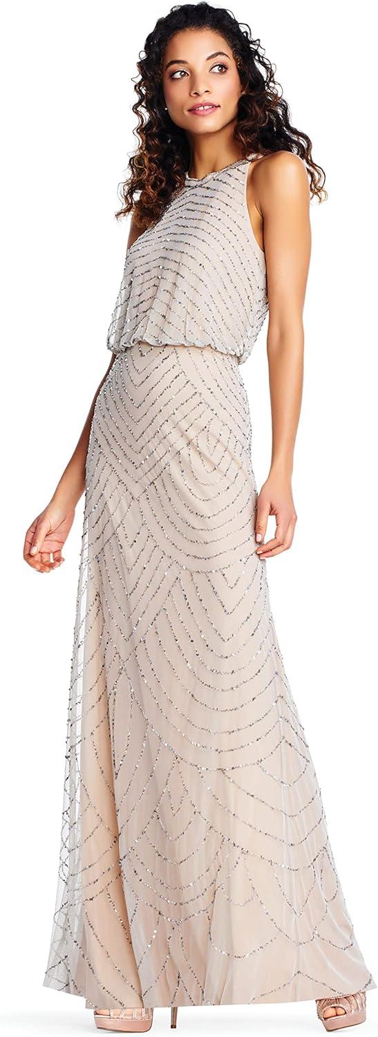 imageAdrianna Papell Womens Halter Blouson Beaded GownSilverNude