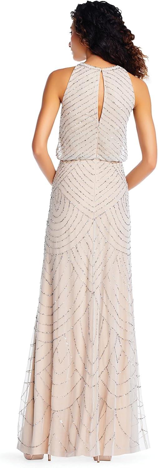 imageAdrianna Papell Womens Halter Blouson Beaded GownSilverNude
