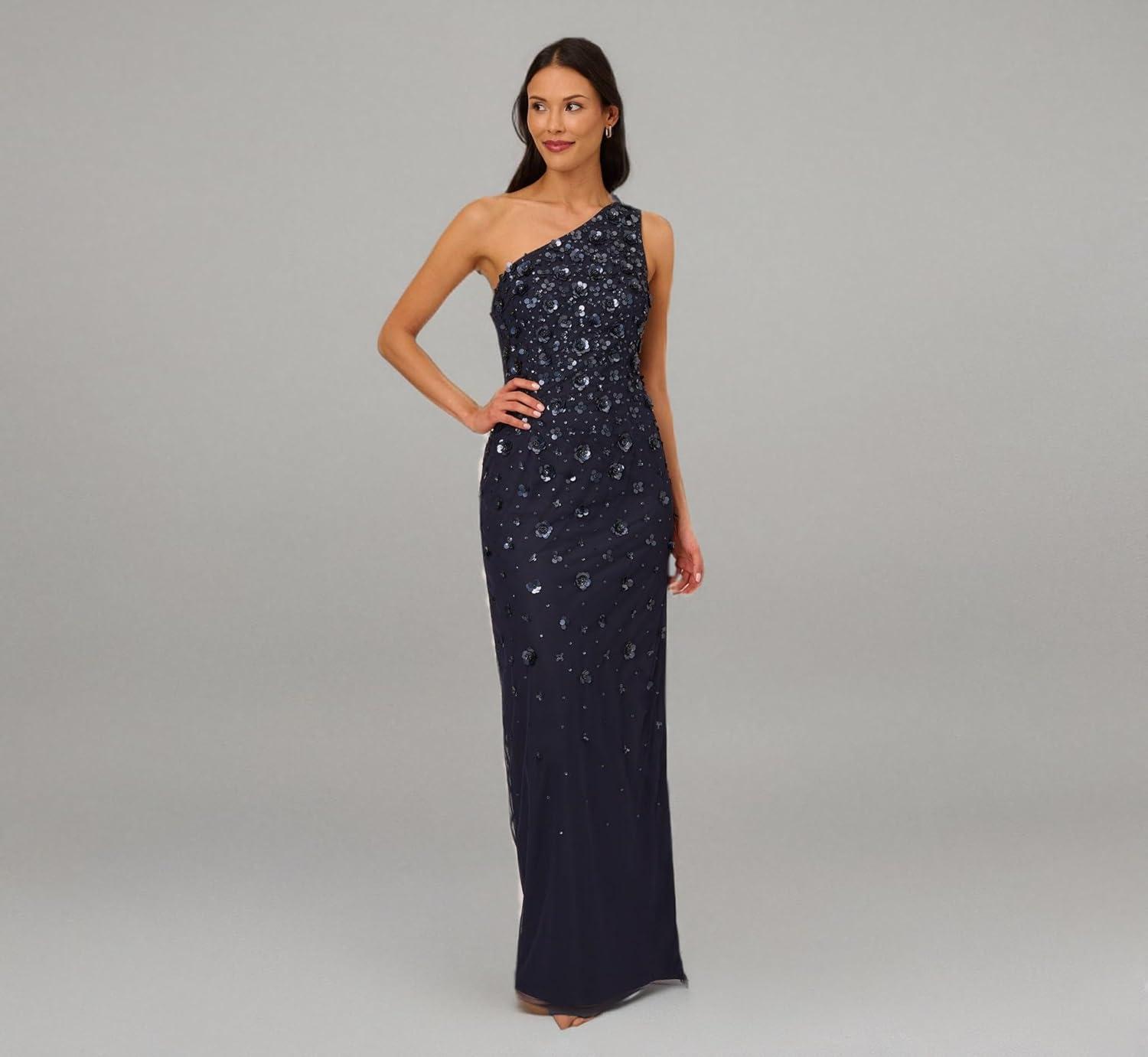 imageAdrianna Papell Womens One Shoulder Beaded DressDusty Navy