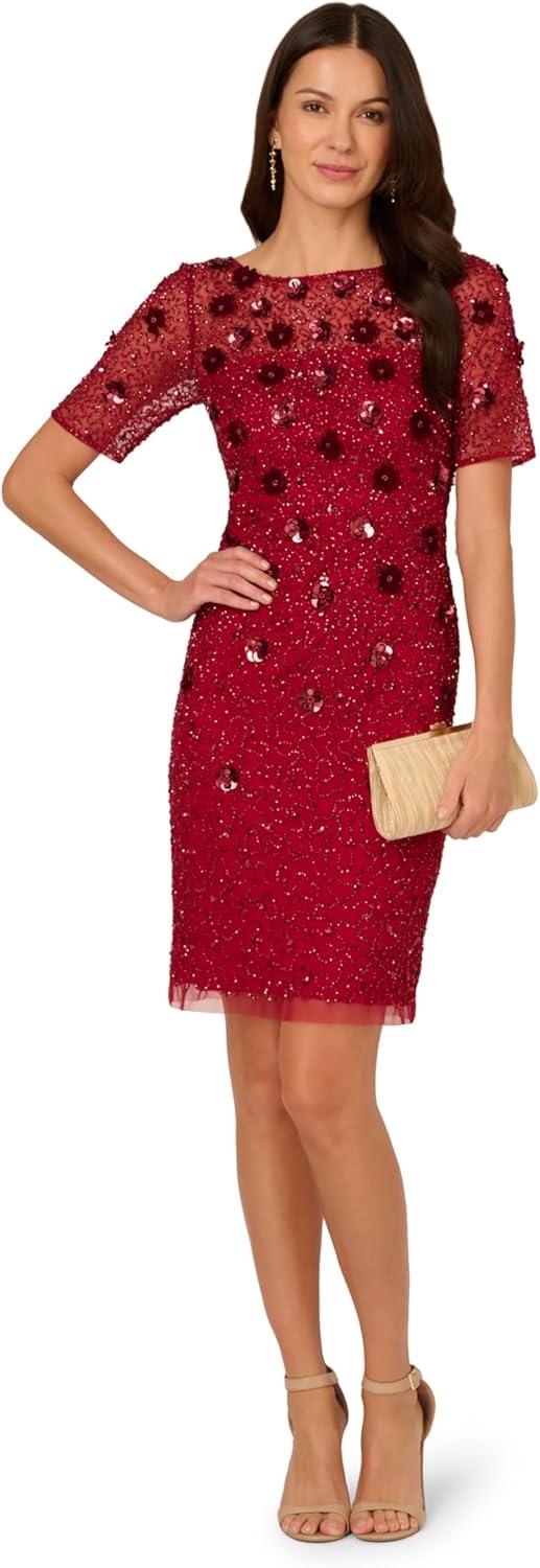imageAdrianna Papell Womens Velvet Embellish Mesh DressCranberry