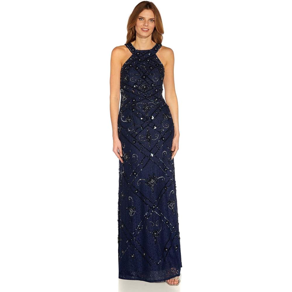 imageAdrianna Papell Womens Beaded Halter GownLight Navy