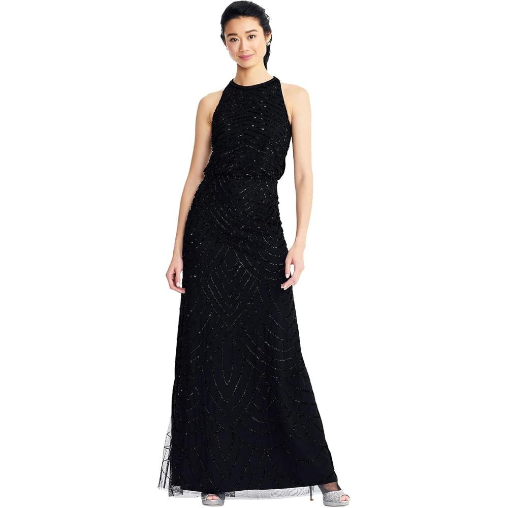 imageAdrianna Papell Womens Halter Blouson Beaded GownBlackBlack