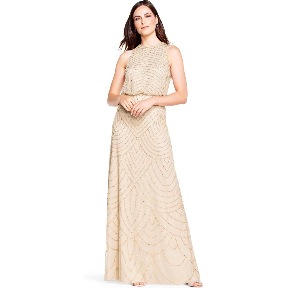 imageAdrianna Papell Womens Halter Blouson Beaded GownChampagne