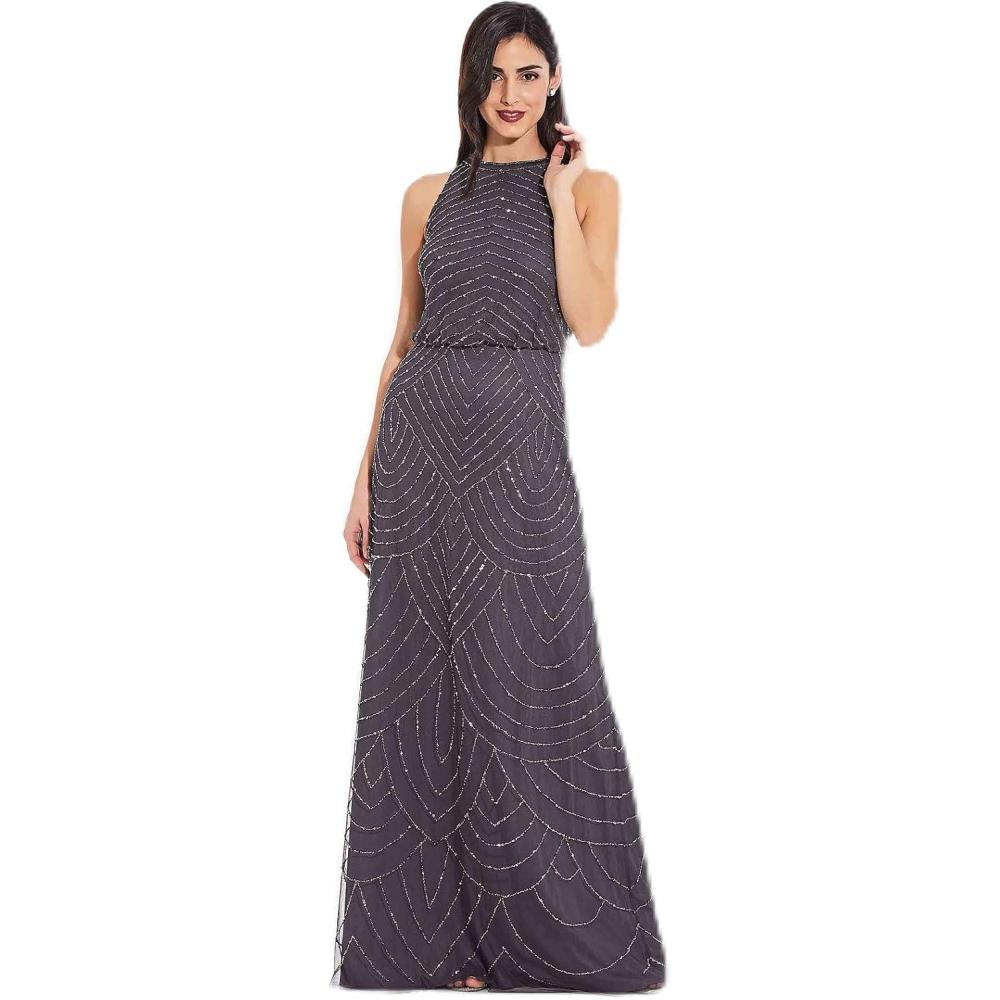 imageAdrianna Papell Womens Halter Blouson Beaded GownGunmetal